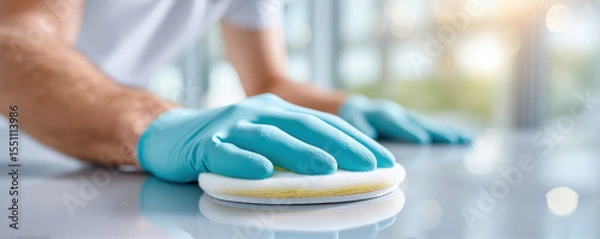 Fototapeta Professional housekeepers dedicated to maintenance cleaning. focused routine involves gloved hand using sponge on surface ensuring optimal hygiene and cleanliness
