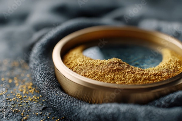 Fototapeta Gold dust scattered on shiny surface in macro view creates luxurious and elegant atmosphere with fine texture and sparkling particles in close up detail