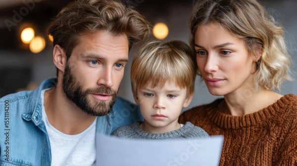 Obraz Concerned family man woman young boy review document discussing medical expenses emergency insurance claim at home feeling worried about financial planning