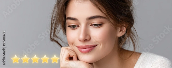 Obraz Content woman measuring customer satisfaction following excellent service her happy expression reflects positive experience and high quality shown by five stars evaluation