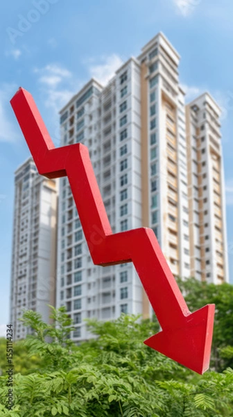 Obraz Urban housing market faces significant downturn. red arrow symbolizes declining property value and financial investment risk creating sense of economic uncertainty
