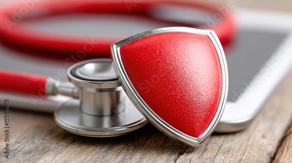 Obraz Health insurance protection medical access concept with red shield and stethoscope on wooden table showing secure healthcare and safe medical service