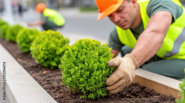 Fototapeta Focused landscaping crew member diligently working outdoors carefully laying vibrant green spherical bush in long planter box. Professional gardener improving urban public space