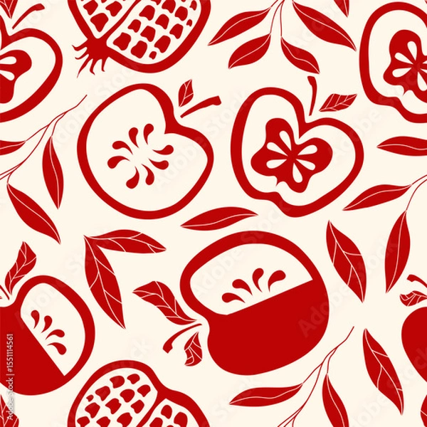 Fototapeta Shana Tova pattern hand drawn cute stye for Rosh Hashanah holidays, Jewish New Year. Pomegranate, apple, leaves vector