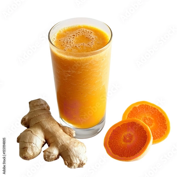 Fototapeta A glass of orange smoothie with ginger root and orange slices on a black background close up shot on transparent background