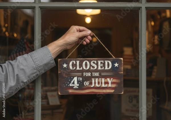 Fototapeta Closed for 4th of July Sign on a Shop Door a Concept for a Business Holiday and a Day Off