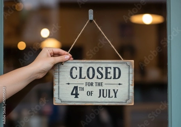Fototapeta Closed for 4th of July Sign on a Shop Door a Concept for a Business Holiday and a Day Off