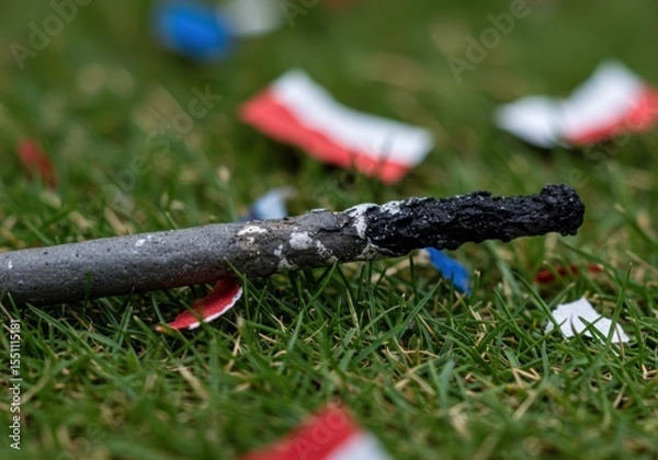 Fototapeta Used Firework Ashes on the Ground an Environmental Concept for the Aftermath of a 4th of July Celebration