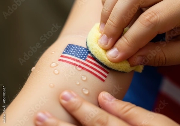 Fototapeta Applying a Temporary Flag Tattoo on a Child's Arm a Fun Activity for a 4th of July Celebration