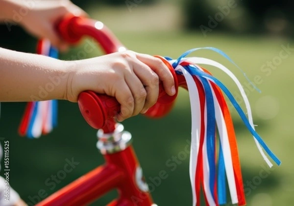 Fototapeta Bicycle Handlebar with Patriotic Streamers for a 4th of July Parade a Concept for a Children's Celebration