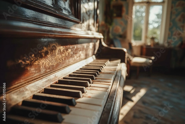 Obraz Antique piano with worn keys basks in sunlight, showcasing its ornate details and aged elegance in a vintage setting.