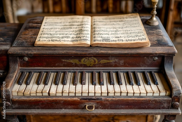 Obraz Antique piano with sheet music. Weathered keys and surface tell a story of musical heritage. An instrument of timeless beauty.
