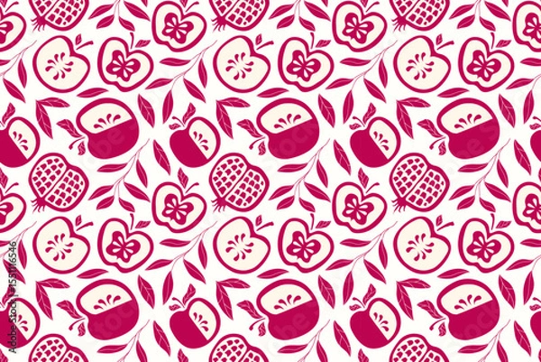 Fototapeta Shana Tova pattern hand drawn trendy stye for Rosh Hashanah holidays, Jewish New Year. Pomegranate, apple, leaves vector
