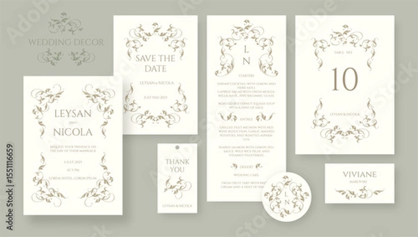 Fototapeta Elegant wedding set. Classical border and frame pattern. Place cards, wedding invitation, table number, save the date, thank you card, menu, sticker.