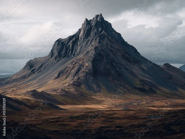 Fototapeta Dramatic, dark-grey mountain peak dominates a vast, muted brown and gold landscape under a brooding sky