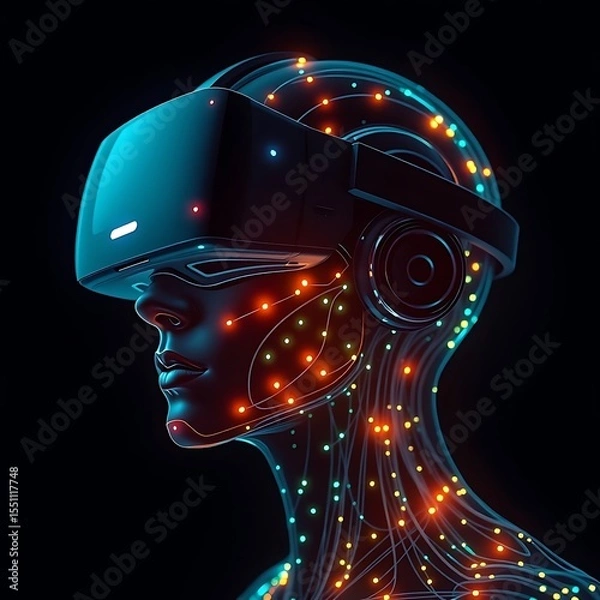 Fototapeta Abstract 3D illustration of a futuristic cyborg robot head with human-like features, blending technology and anatomy into a sleek, metallic design