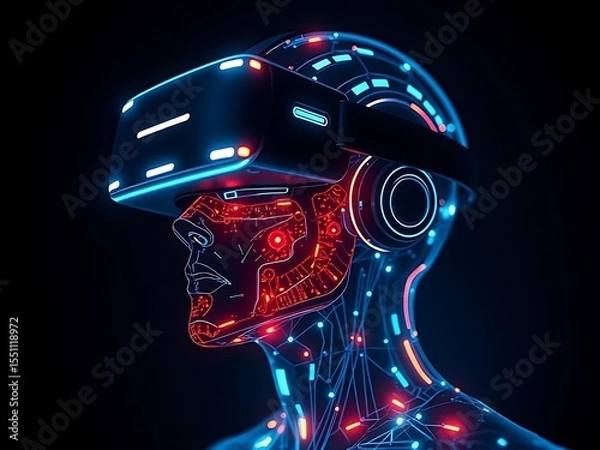 Fototapeta A powerful, fiery red robot head, perfect for illustrating a futuristic sports car race with a blazing motor design