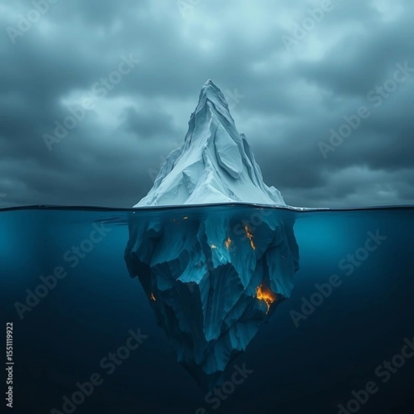 Fototapeta Giant ice mountains emerge from the cold ocean, their peaks reaching towards a vast winter sky, creating an abstract natural landscape