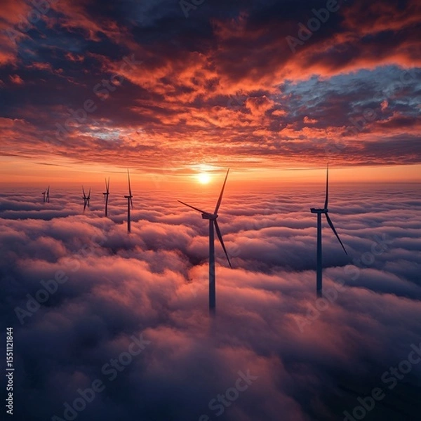 Fototapeta wind turbines above cloud layer at sunrise, dreamy perspective, vast panoramic shot