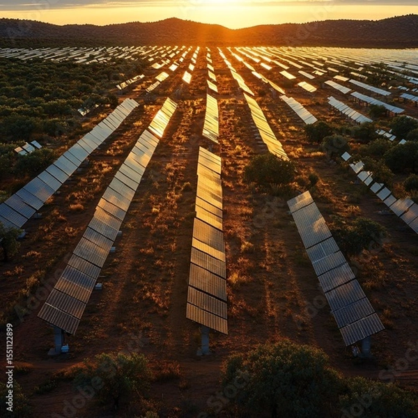 Fototapeta sun-tracking solar farm with synchronized angles, perfect symmetry, clean tech