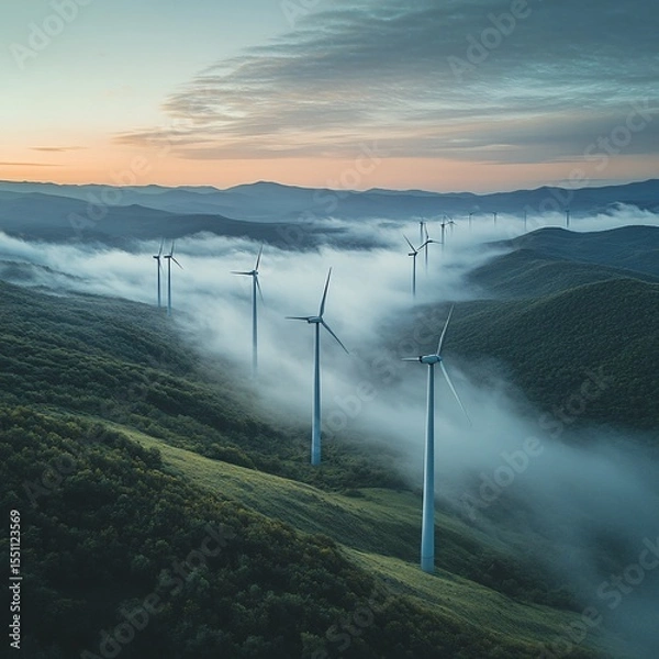 Fototapeta row of wind turbines in foggy hills, soft lighting, peaceful mood, cinematic angle