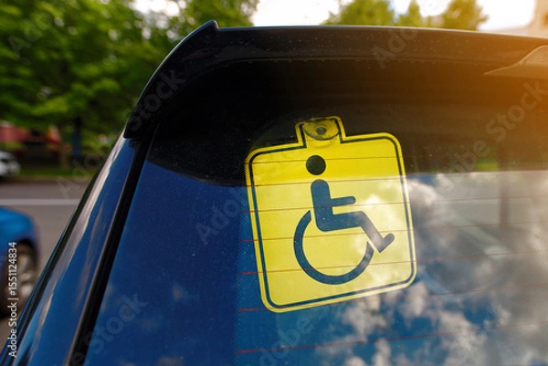 Fototapeta Disabled car sign on rear windscreen indicating accessibility needs for drivers with mobility impairments, safety and convenience on the road. Car with disabled sign on back windscreen