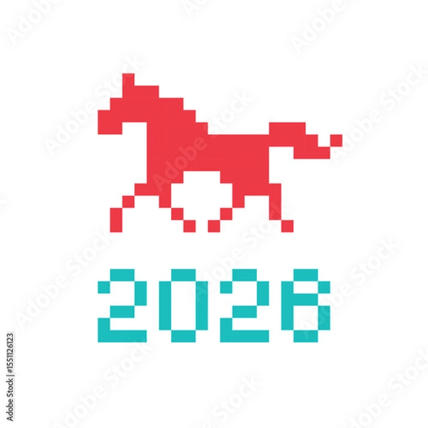 Obraz Pixel art 8-bit vector red horse icon with 2026 number underneath representing the symbol of the 2026 year according to the eastern zodiac calendar