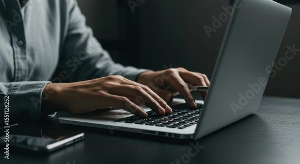 Fototapeta Focused Typing: Hands on Laptop Keyboard, Dark Desk, Modern Technology, Close-up.