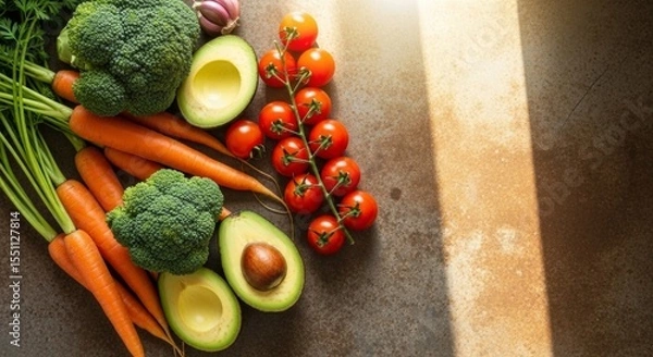 Obraz Fresh Vegetables: Broccoli, Carrots, Avocado, Tomatoes and Garlic on Rustic Surface