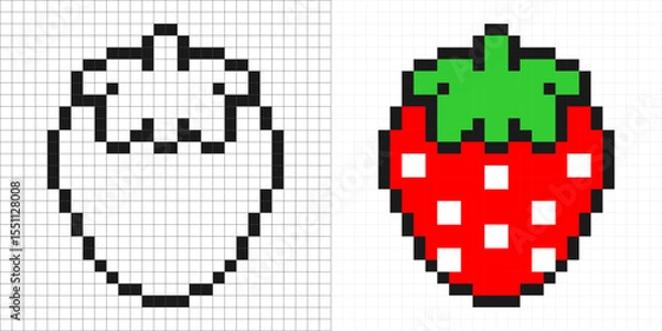 Obraz Pixel art strawberry in full color and outline versions, 8-bit retro style.