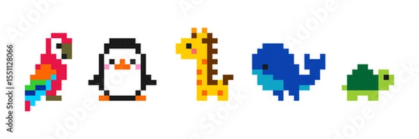 Obraz Pixel style cute animal collection in bead art design. Includes crab, penguin, frog, ladybug, rabbit, panda, dog, and duck. Perfect for children's craft, DIY projects, and educational materials.