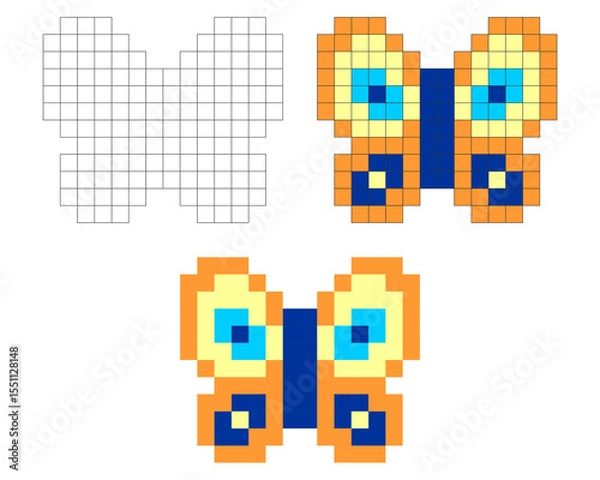 Obraz Pixel art butterfly in colorful and outline versions, cute 8-bit style.