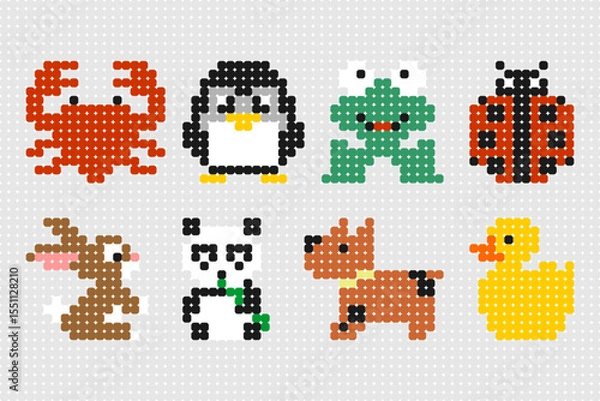 Obraz Cute animal set in pixel bead style. Includes crab, penguin, frog, ladybug, rabbit, panda, dog, and duck. Perfect for kids' crafts and educational projects.