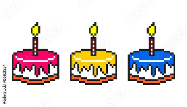 Obraz Pixel art birthday cakes with candles in colorful 8-bit style.
