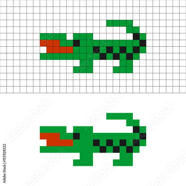 Obraz Pixel art crocodile in green with grid and clean version, retro 8-bit style.