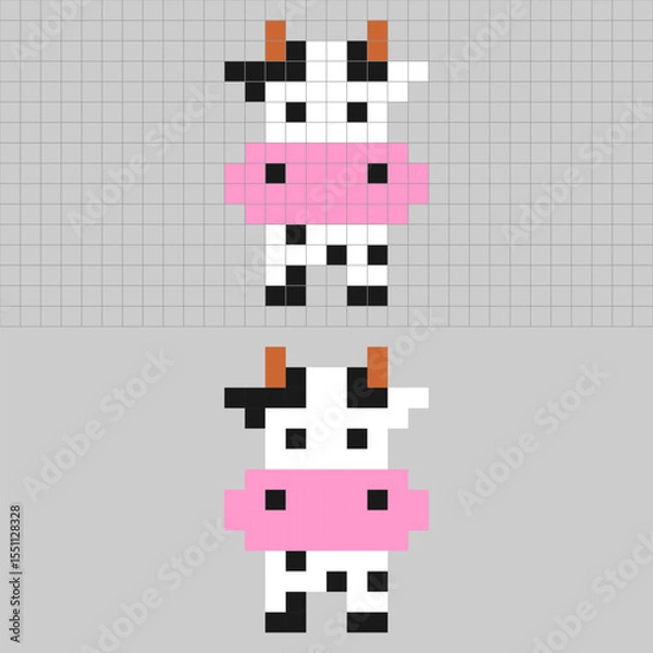 Obraz Pixel art cow in cute 8-bit style, with grid and plain background versions.