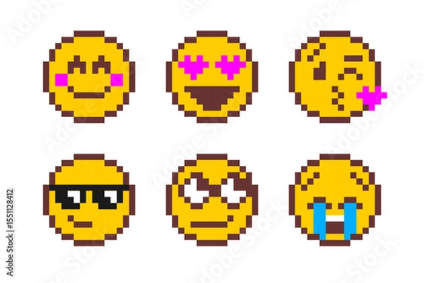 Obraz Pixel art emoji set with various facial expressions. Retro 8-bit style icons perfect for games and digital design.