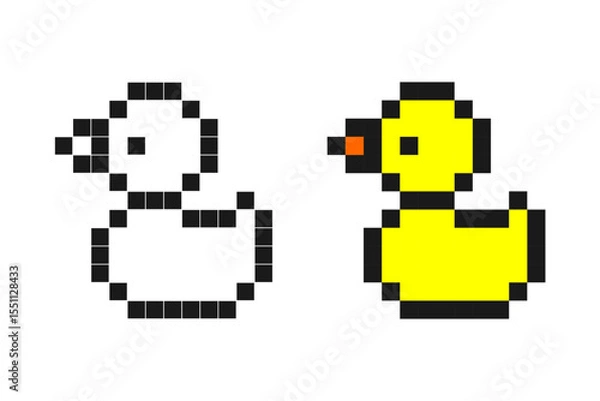 Obraz Pixel art rubber duck in outline and yellow color, cute 8-bit style.