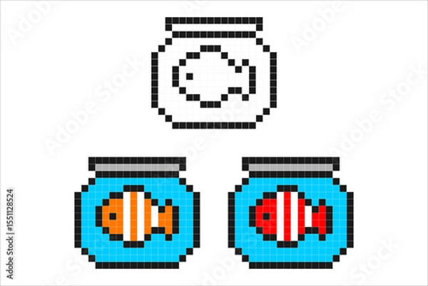 Obraz Pixel art fish in bowls. Includes colorful and outline versions in retro 8-bit style.