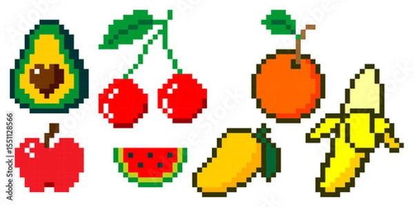 Obraz Set of pixel art fruits in retro 8-bit style. Great for games, apps, and digital artwork.

