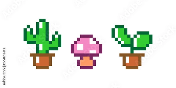 Obraz Cute pixel art of potted plants and a mushroom. Includes a cactus, a pink mushroom, and a leafy plant in small brown pots. Retro 8-bit style on a white background.