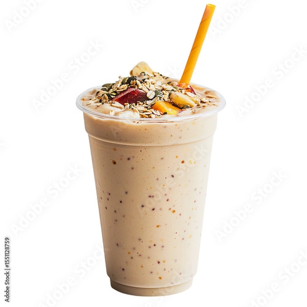 Fototapeta A close up shot of a smoothie in a plastic cup with a straw and toppings on a black background on transparent background