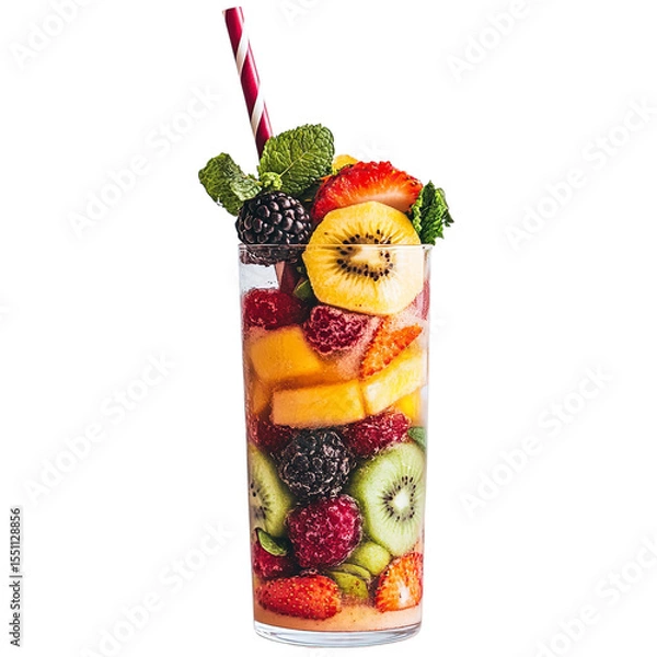 Fototapeta Tall glass filled with assorted fresh fruit and a striped straw on a black background studio shot on transparent background