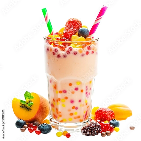 Fototapeta A glass of bubble tea with colorful tapioca pearls and a variety of fresh fruits around the glass on transparent background