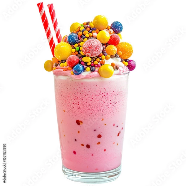 Fototapeta Close up of a pink milkshake with colorful candy toppings and two striped straws on a black background on transparent background