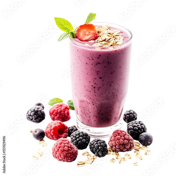 Fototapeta A glass of berry smoothie with strawberry garnish and oats next to fresh raspberries and blackberries on transparent background