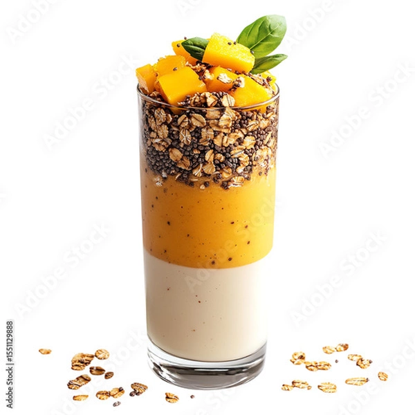 Fototapeta Tall glass filled with layered smoothie topped with mango and granola on a black background studio shot on transparent background