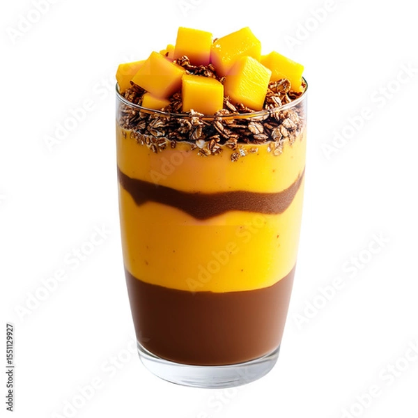 Fototapeta A glass filled with layers of chocolate pudding mango smoothie granola and mango chunks on top on black on transparent background