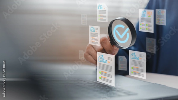Obraz Businessperson inspecting digital property documents with magnifying glass icon and checklist interface on laptop screen. Concept for real estate approval, smart review, or financial auditing system.