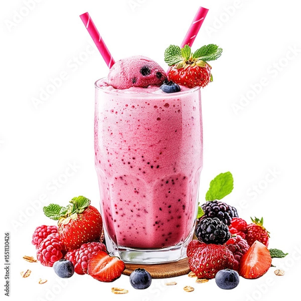 Fototapeta A berry smoothie in a glass with straws and fresh fruit on a wooden coaster against a black background on transparent background